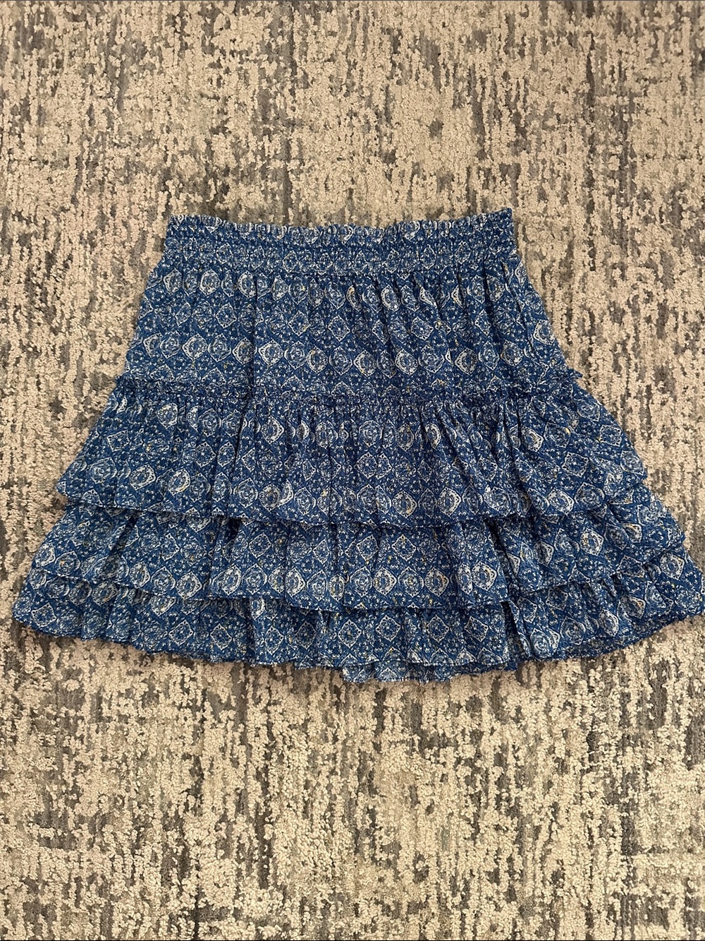 Misa Los Angeles Blue Tiered Ruffle Mini Skirt with gold accents
